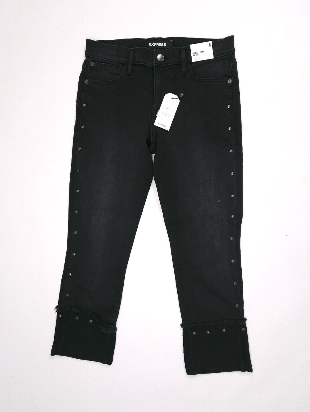 NWT Express Jeans Cropped Riveted Size 8 Black Stretch Pants With Cuffed Hem